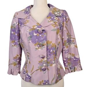 Vtg MAGGY LONDON 6 Lavender Floral 100% Silk Blazer Jacket Ruffle Feminine‎ Chic